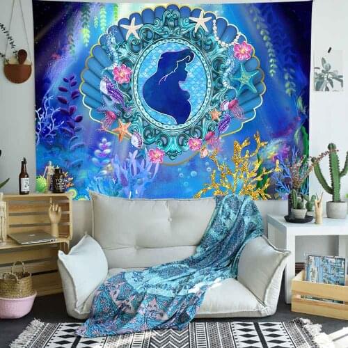 Cartoon Sea Mermaid Tapestry Sunflower Field Green Elves Art Wall Hanging Tapestries for Living Room Home Dorm Decor