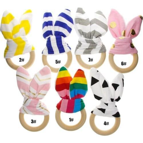 Hot Sale Baby Bunney Ears Teething Ring Natural Wood Circle With Fabric Wooden Teething Training Sensory Newborns Toys#246343