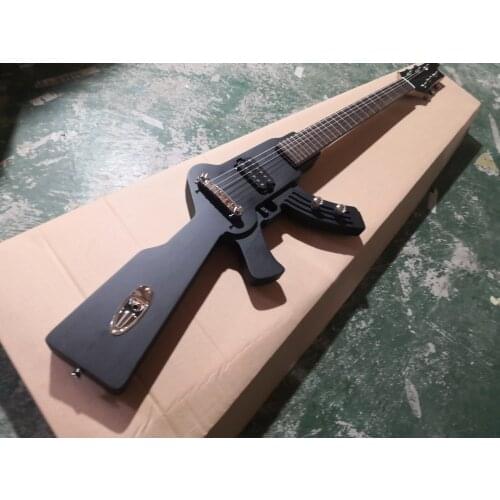 Custom Gun guitar 6 string guitar,irregular metal black guitar,fixed bridge H pickups,black button