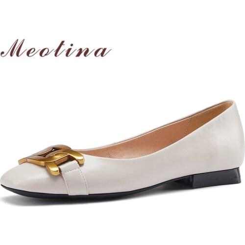Meotina Flats Shoes Women Natural Genuine Leather Flat Shoes Round Toe Metal Decoration Footwear Slip On Casual Shoes Spring 42