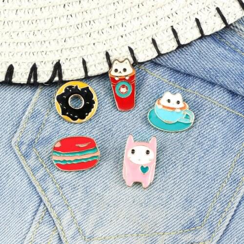 Fashion Personality Cartoon Cute Cat Hamburger Coffee Drink Donuts Brooch Pins Denim Lapel Badge Hat Collar Enamel Pin Brooches