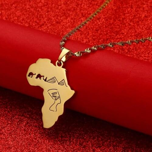 Africa Map with Egyptian Queen Nefertiti & Camel & Pyramid Pendant Necklaces African Jewelry Gifts