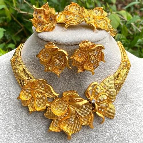 24k gold color Big Flowers Luxury Dubai Jewelry Sets of women African Habesha Necklace bangles Earrings Ring sets Wedding gifts