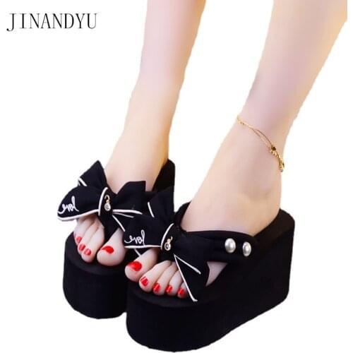 Wedges Platform Flip Flops Women Shoes High Heels Slipper Bow Fashion Beach Shoes Women Chunky Heels Flip Flop Platform Sandals