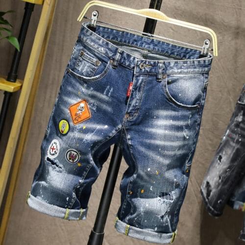 High quality Fashion Badge Denim Shorts Mens Tide Brand Paint Dot Pants Tattered Personality Street Ink Youth jeans trouser