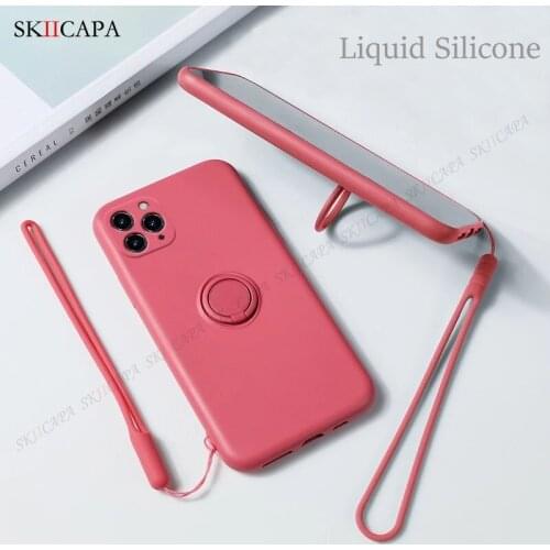 Candy Color Liquid Silicone Protective Case For iPhone 12 11 Pro Max 12 Mini X XR XS Max Soft Wriststrap Ring Stand Back Cover