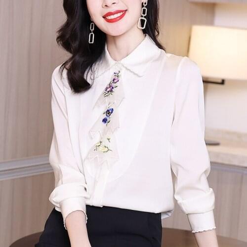 Women White Shirt Spring Autumn Elegant Embroidery Turn-down Collar Long Sleeve Loose Tops Office Lady Real Silk Blouse Shirts