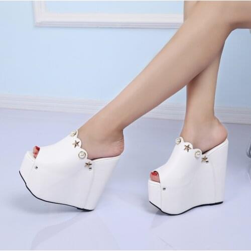 STAN SHARK Womens Wedge Fish Toe Super High Heel Sandals Slope High Heels Slippers Drill 16CM Heels Ladies Shoes