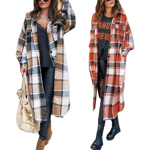 Nice New Style Female Overcoat Autumn Long Shirts Jackets Plaid Turn-Down Collar Long Sleeve Woolen Coat for Women