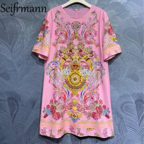 Seifrmann New 2021 Summer Women Fashion Runway Loose Mini Dress Short Sleeve Gorgeous Crystal Beading Vintage Printed Dresses