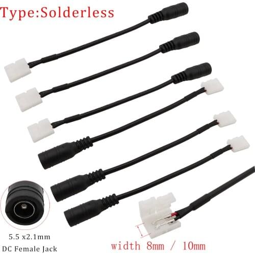 10Pcs DC LED Strip Connectors 8/10mm 2Pin Single Color PCB LED Strip to 5.5x2.1mm DC Female Jack Free Welding Cable Wire Adapter
