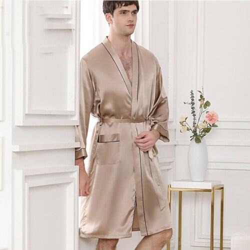 19MM 100% real silk robes men simple Long sleeve home robes casual Sleepwear male fashion elegance men robe New