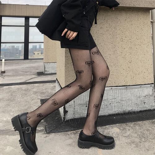 Punk Womens Tights Heart Floral Geometric Print Fishnet Mesh Pantyhose Japanese Style Sexy Nylon Hosiery Stockings Black Tights
