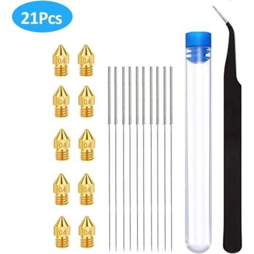 21Pcs 3D Printer Nozzle Kits, 10Pcs Extruder Nozzles + 10Pcs Cleaning Needles + 1Pcs Tweezers for ender 5 3 Creality Mk8 Nozzle