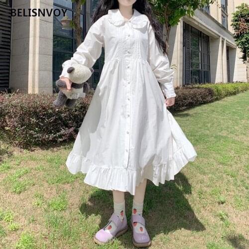 Japanese Sweet Cute Peter Pan Collar Lolita Dress Autumn Spring Gothic Victorian Midi Dress White Angel Kawaii High Waist Party