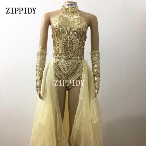 Fashion Gold Sequins Bodysuit Female Singer Performance Outfit Sexy Celebrate Glisten Two Pieces Costume Stage Long Tail Wear