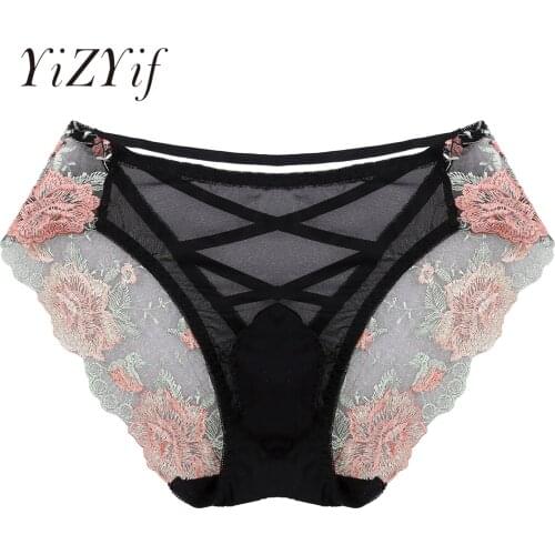 Mens Lingerie Sissy Underwear Erotic Sexy See-through Embroidered Briefs Panties Hollow Out Cross Back Low Rise Underpants