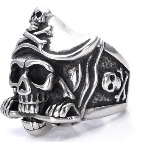 Mens Silver color Pirate Skull Knife Caribbean Biker Stainless Steel Ring