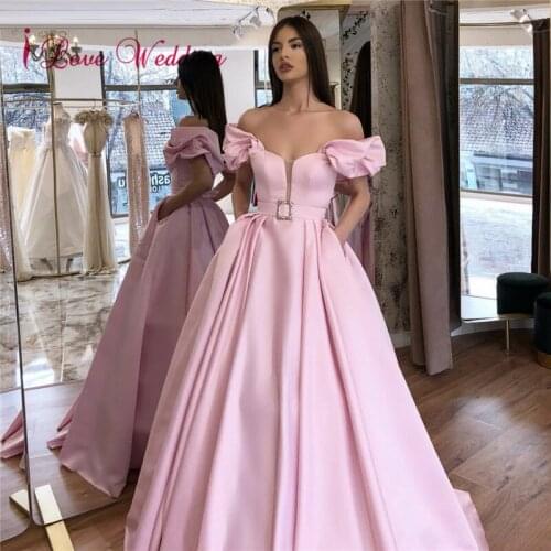 New Arrival 2020 Sexy v Neck Prom Dresses Custom made Off the Shoulder Pink Satin Ball Gown Elegant Party Prom Gown