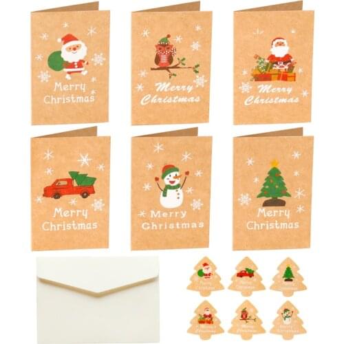 6sets Merry Christmas Kraft Gift Card Santa Claus Xmas Party Invitation Greeting Cards Blank Folding Card with Envelope Sticker