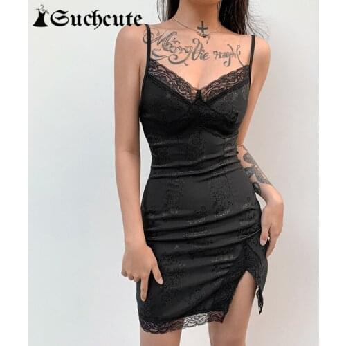 SUCHCUTE Goth Aesthetic Womens Mini Dress Sexy V-Neck y2k Lace Trim Black Bodycon Dress 2021 Summer Ladies Split Party Clubwear