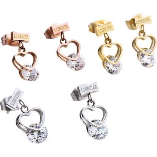 Lierzika brand stainless steel hollow with big stone heart letter earrings