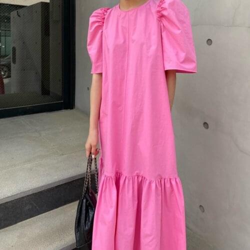 Temperament White Loose Puff Sleeve Hem Ruffle Dress