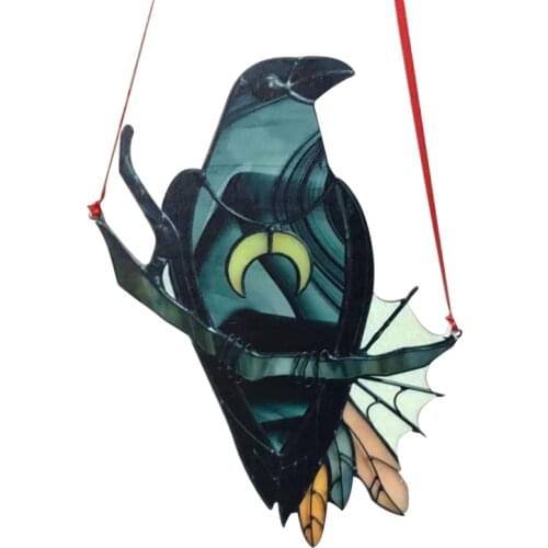 Mysterious Crow Witch Ornament Stained Suncatcher Black Bird with Moon Necklace Window Wall Hanging Pendant Yard Garden