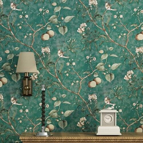 American Wallpaper Idyllic Style Retro Nostalgic Living Room Bedroom Dark Green Flowers and Birds TV Background Wall Wallpaper