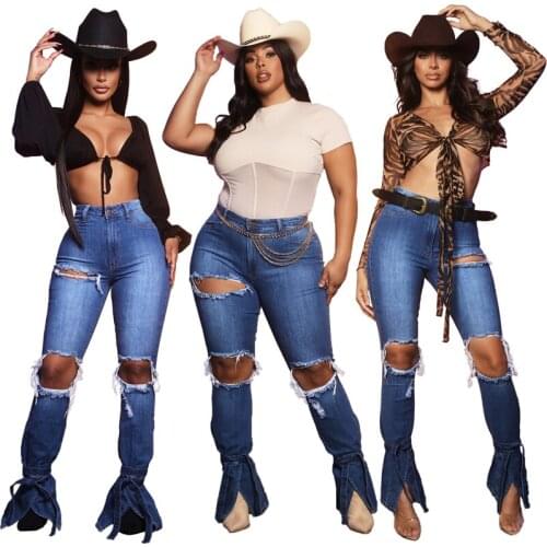 2021 Summer New Arrival Sexy Ripped Bootleg Split Jeans for Women Plus Size 3XL Fashion Casual Hole Cotton Denim Trousers Ddlg
