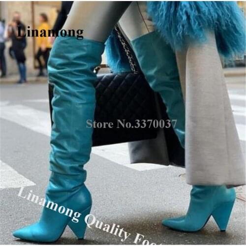 Linamong Newest Pointed Toe Over Knee Spike Heel Boots Blue Leather Slim Stlye Strange Heels Long Boots Club Dress Shoes