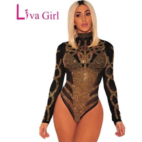 LIVA GIRL Black Sexy Mesh Rhinestone Bodysuit Women Plus Size Romper Playsuit Bodycon Jumpsuit Female Long Sleeve Body Tops XXL