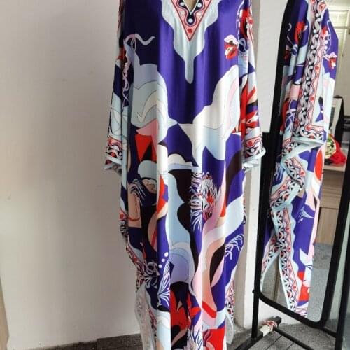 Blue abstract floral cross border maxi knitted dress women robe 20 summer long casual beach sexy loose dresses plus size v neck
