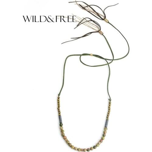 Wild&Free Handmade Green Stone Beads Necklace For Women Boho Long Suede Tassel Pendant Necklace Jewelry Female Christmas Gift