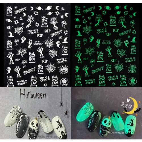 1PCS Glowing In Dark Halloween Nail Art Sticker Pumpkin Spider Ghost Witch Luminous 3D Adhesive Slider Manicure Decal Decoration