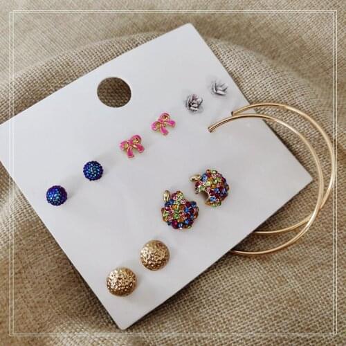 6 Pairs/Set New Fashion Colorful Crystal Apple Pink Bowknot Flower Blue Ball Stud Earrings Set Jewelry Accessory Gift For Women