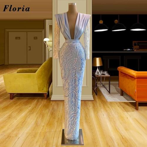 Robes Arabic Aibye Deep V Neck Evening Dresses Haute Dubai Couture White Sequins Women Party Gowns 2021 Mermaid Prom Dresses
