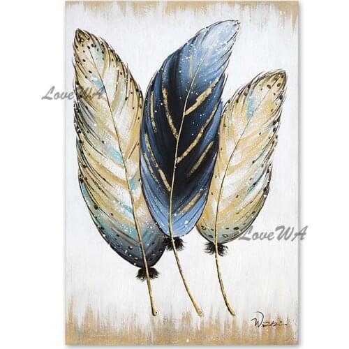 Newest Golden Foil Feather Picture Art 100% Hand-painted Wall Decor Abstract Oil Painting Latest Design Canvas Art No Frame
