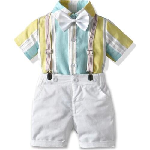 Boy Tie Bow Clothes Suit for 1-6 Years Children Short Sleeve Striped Shirt Kids Clothes Outfit Toddler Boy Garment Costume