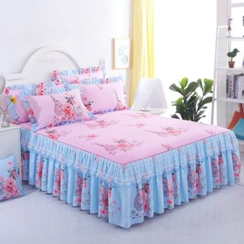 Jeefttby Home Textiles Printing Lace Bed Skirt Pillowcase 3pcs Non-slip Protective Cover Bedding Set Adult BedSheets Bedspread