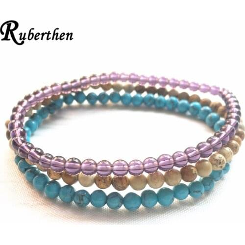 Ruberthen Picture Jaspers Bracelet Set A methyst Blue Tuquoise Bracelet 4 mm Mini Gem Stone Energy Bracelet