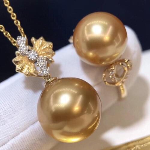 D801 Pearl Set Fine Jewelry Solid 18K Gold Round 10-13mm Nature Sea Water Golden Pearls Jewelry Sets for Women