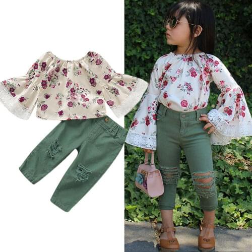 1-6Y 2PCS Toddler Kids Baby Girl Clothes Sets Long Lace Flare Sleeve Floral T-Shirt Tops+Ripped Jeans Pants Outfit Clothes