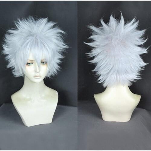 HUNTER HUNTER Killua Zoldyck Short Shaggy Layered Cosplay Wig Heat Resistant Synthetic Hair Cosplay Costume Wig + Wig Cap