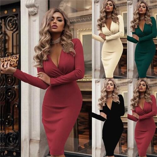 Sexy Women Long Sleeve V-Neck Dress Ladies Solid Color Sheath Bodycon Gown Party Cocktail Club Dress Plus Size 2XL Clothes