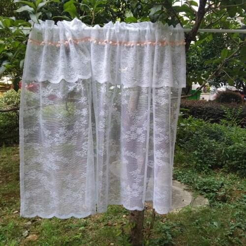 Pink Pom Pom Lace Sheer Curtain Valances for Farmhouse Kitchen Gazebo Double Layer Bohemian Retro Country Bay Window Panel