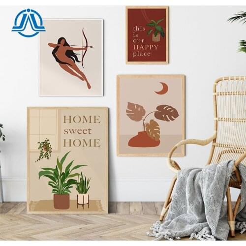 Boho Style Modern Wall Art Print Nude Woman Archery Posters Sweet Home And Happy Place Quote Print Plants Picture For Room Decor