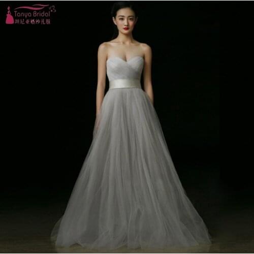 A Line Long Bridesmaid Dresses Long Gray Tulle Simple Wedding Party Dress Formal Wear Women Gown JQ156