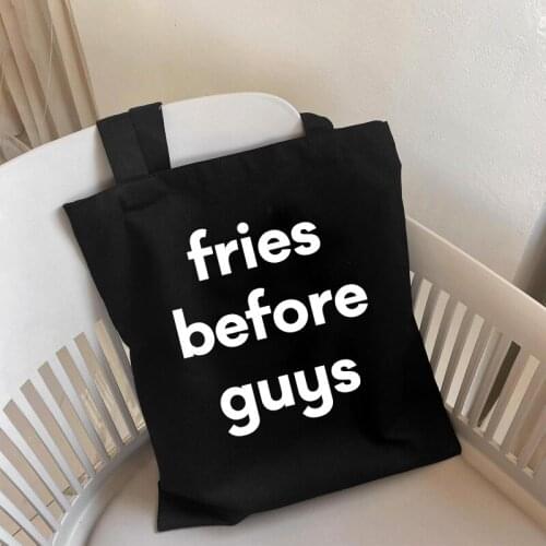 Fries before guys Black canvas Handbags tote bag Women shopping large bag Graphic Aesthetic Alphabet lady bolsos