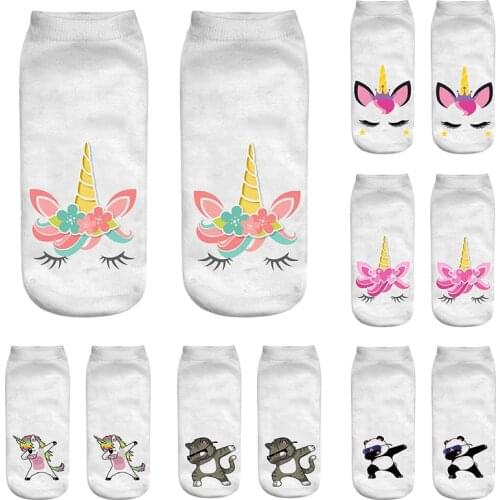 3D Printed Women Short Socks Funny Creative Unicorn Cute Cartoon Pattern Unisex Sports Breathable Cotton Low Ankle Soft Socks